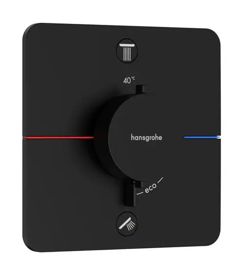 Schwarzes Thermostat von Hansgrohe mit Drehregler, Temperaturanzeige bei 40°C, Eco-Einstellung und zwei Verbraucheranbindungen.